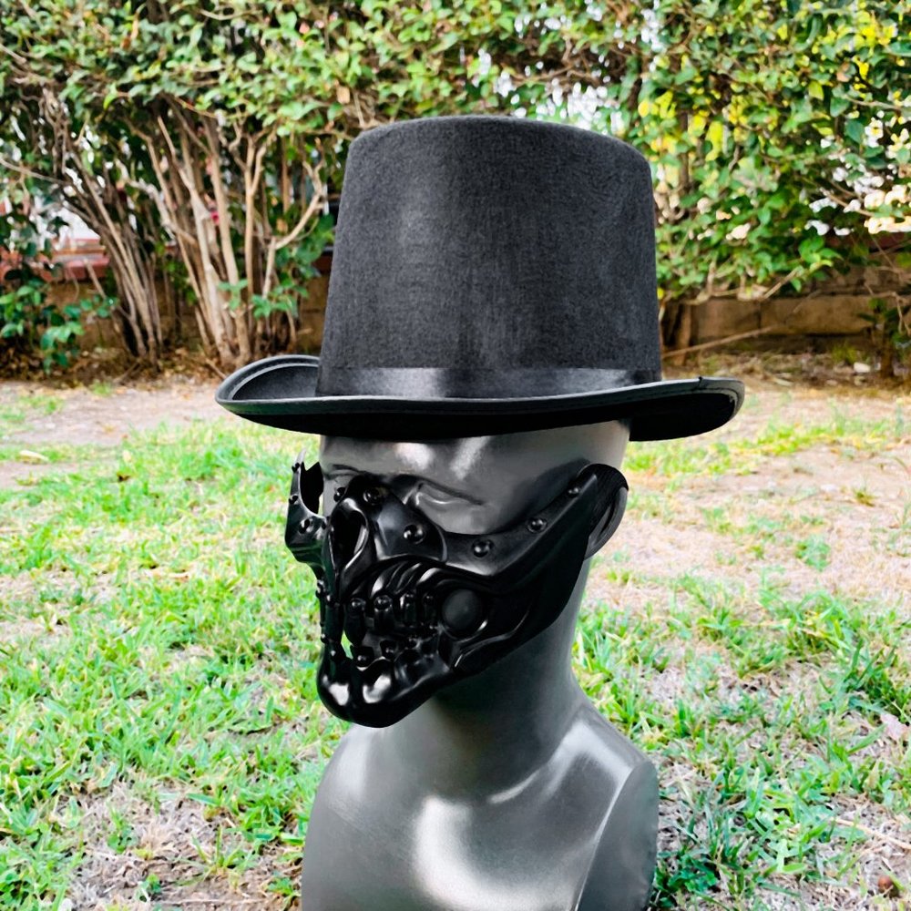Black Steampunk Mouth Skull Mask & with TOP Hat Halloween Dress Up Costume Party